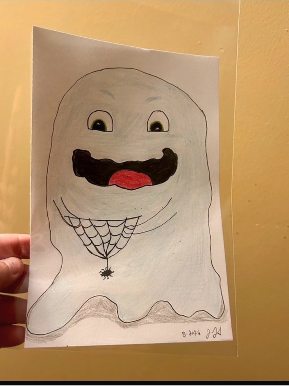 Hand-Drawn Original Whimsical Ghost Playing With Spider Halloween